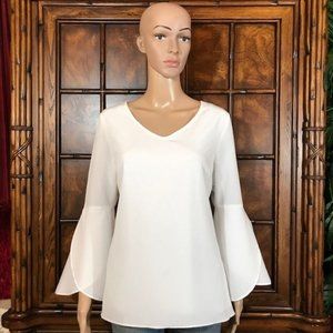 H by Halston White Crinkle Chiffon Tulip Bell Sleeve Blouse